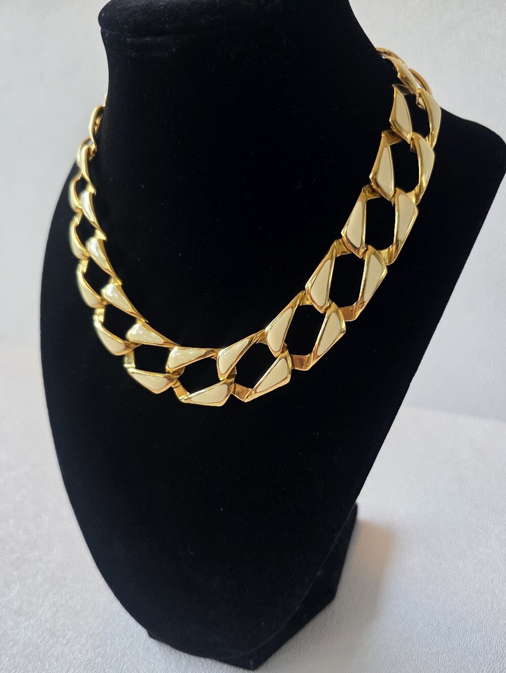 Vintage Napier Gold Cream Enamel Chunky Collar Necklace 80s Statement Choker